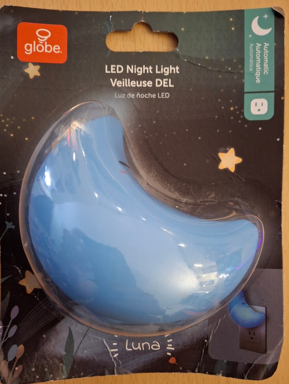 Globe Luna Moon LED Plug-In Night Light Auto On/Off Soft White Blue 13904